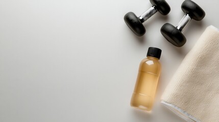 Fototapeta premium Flat lay of yoga essentials: top-view minimalist workout gear arrangement.