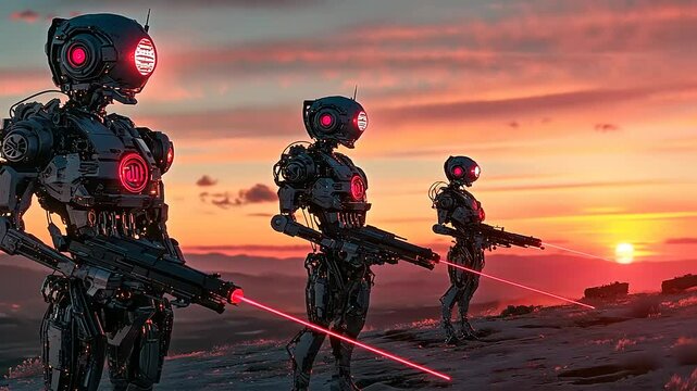 Futuristic robots with glowing eyes and laser weapons standing against a sunset backdrop