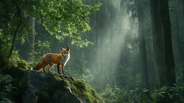 Scene of a fox in the forest, smooth repeating motion for background video animation