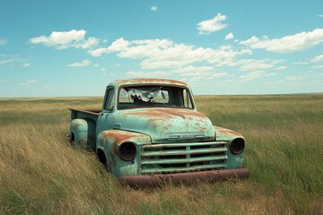 Fototapeta premium An old rusty turquoise pickup truck sits abandoned in a field