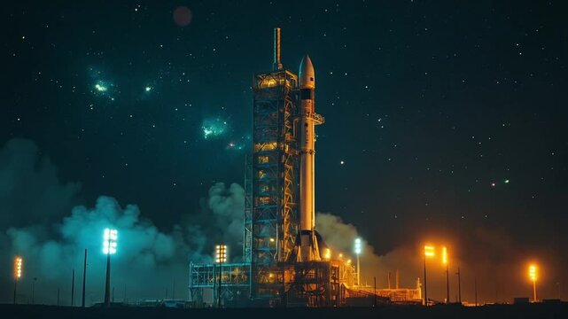 Scene of a space rocket preparing to launch, smooth repeating motion for background video animation