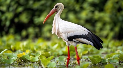 Obraz premium Majestic White Stork standing in a lush wetland its long red legs and beak contrasting beautifully against its pristine white feathers