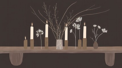 Cozy Candle and Plant Display on Rustic Wooden Shelf