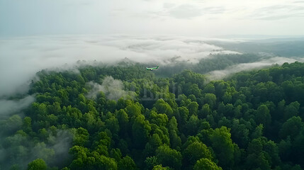 Aerial View Of Green Forest With Thick Fog And Sunlight During The Day