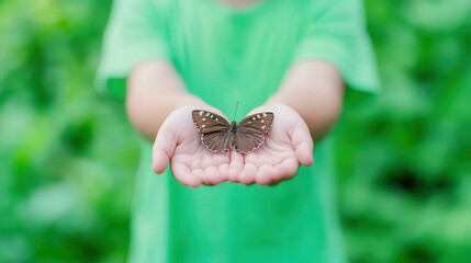 Fototapeta premium Close-up of a child hands holding a butterfly, gentle interaction, natural green background, soft light,