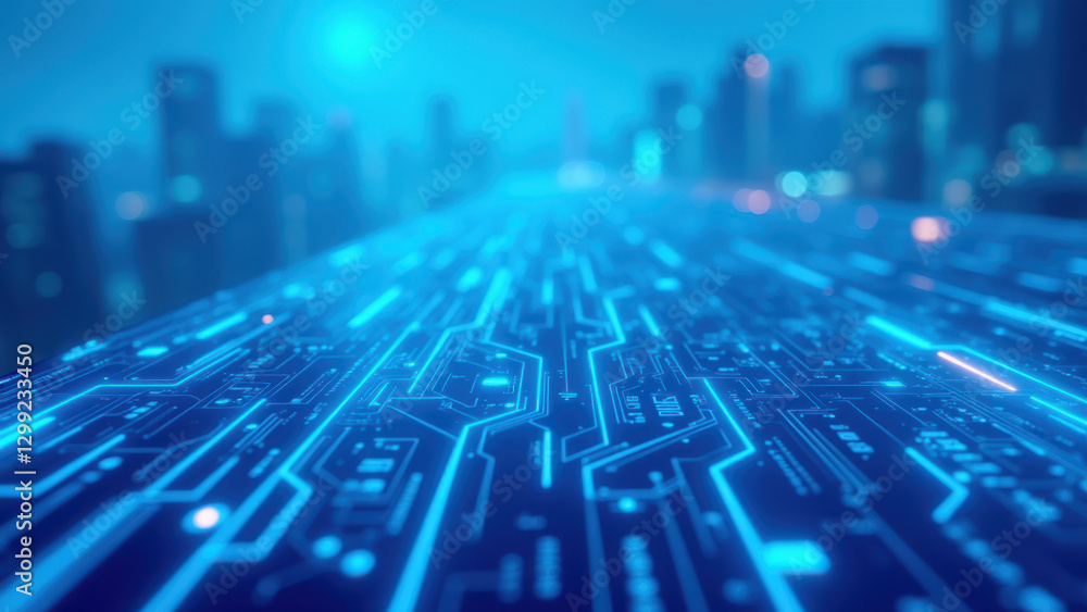 Poster this image showcases a futuristic cityscape intertwined with blue digital grids, symbolizing advance
