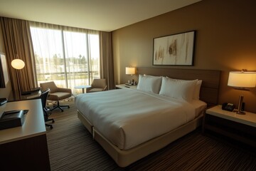 Empty hotel room with city view, ready for guests