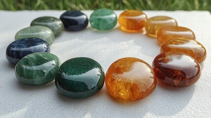 Colorful circle of gemstones on white surface with natural light