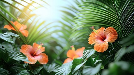 Vibrant orange hibiscus flowers amidst lush green tropical foliage in sunlight