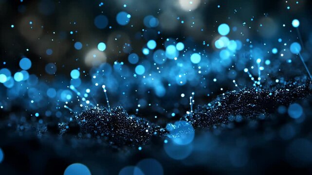Fantasy animation scene mysterious bio-iuminescence. Captivating view of a mystical string of glowing blue dots in a dark environment, like a mesmerizing display of tiny lights in the heart 