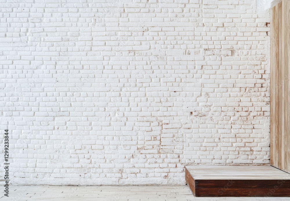Poster whitewashed brick wall with wooden platform display area for products and photo backdrop displaying 