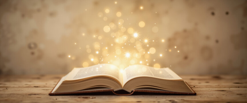 Open book radiating magical light on neutral wooden surface, ideal for educational blogs and creative presentations