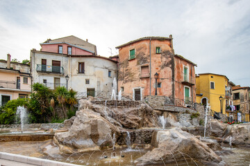 Beautiful old historic mountain village in the evening. City panorama at sunset Polla, Italy