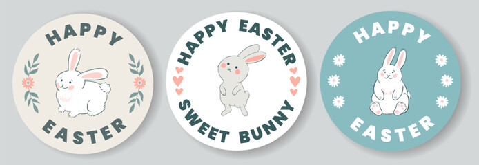 Easter Stickers and labels vector design elements set. Badges Easter templates bunny ,  flowers. Happy Easter typography messages. Easter lettering  and hand drawn elements