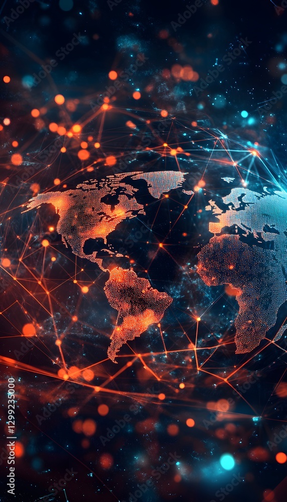 Poster a digital map of the world illustrating global network connections