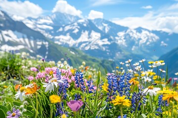 Obraz premium Mountain meadow with wildflowers on a background of snow-capped mountains