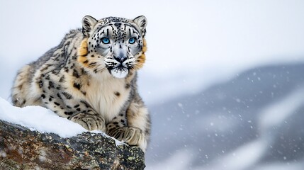 Obraz premium Majestic Snow Leopard perched on a snowy mountain ledge its thick fur blowing in the icy wind piercing blue eyes locked onto something in the distance