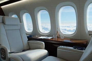 Fototapeta premium Luxury cabin interior offers stunning views above the clouds during a private flight