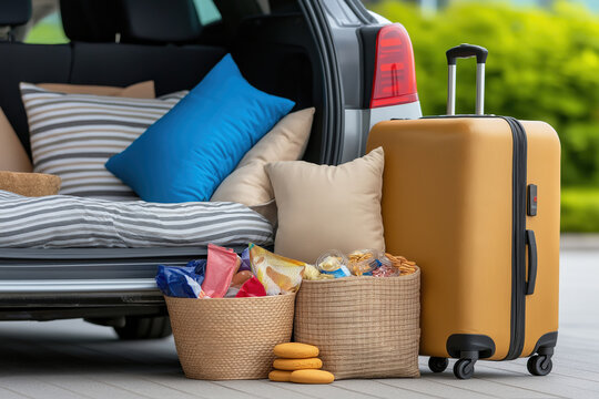 Packing for a weekend getaway with luggage and snacks in a parked car