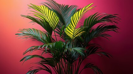 Vibrant green palm plant against rich red and orange gradient background