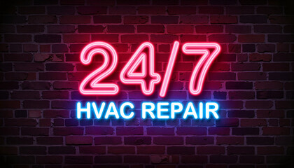 Glowing neon "24/7 HVAC Repair" sign on dark industrial background, urgency