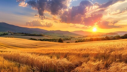 Fototapeta premium Sunset over wheat field in Tuscany, Italy. Rural landscape