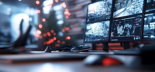 Surveillance system displays multiple video feeds on computer monitors.