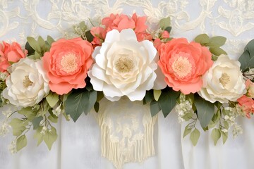 Obraz premium Elegant Coral Peach Paper Flowers Wedding Arch Decor
