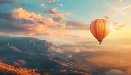 Fototapeta premium Hot air balloons flying over the mountains at sunset. 3d rendering