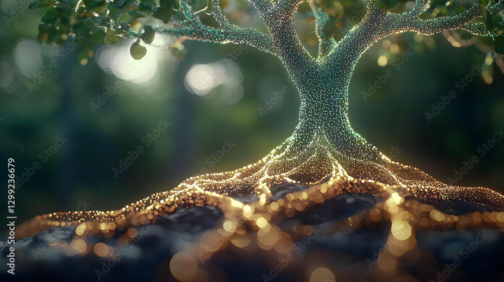 Poster digital glowing tree illustration with illuminated roots and leaves in a forest background