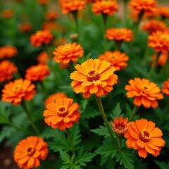 Densely packed Zinnia Elegans flowers in garden bed, zinnia, dense, orange