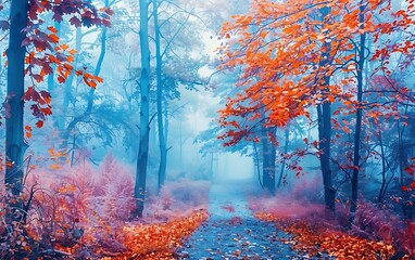 Mysterious autumn forest with fog and fallen leaves. Magical atmosphere