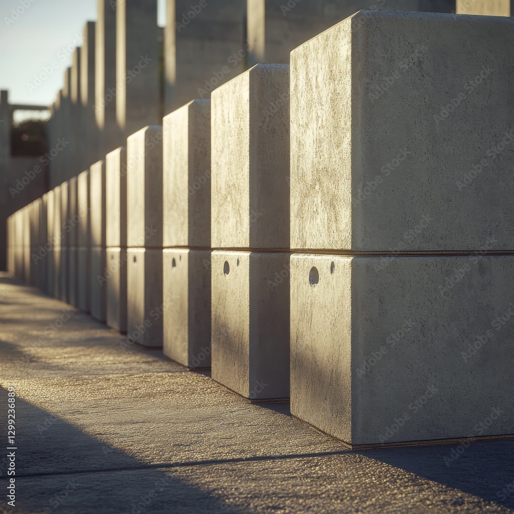 Aufkleber concrete blocks at sunset: a row of repetition and shadow play in modern architecture