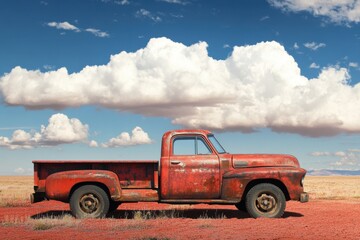 A weathered red pickup truck parked under a cloudy sky