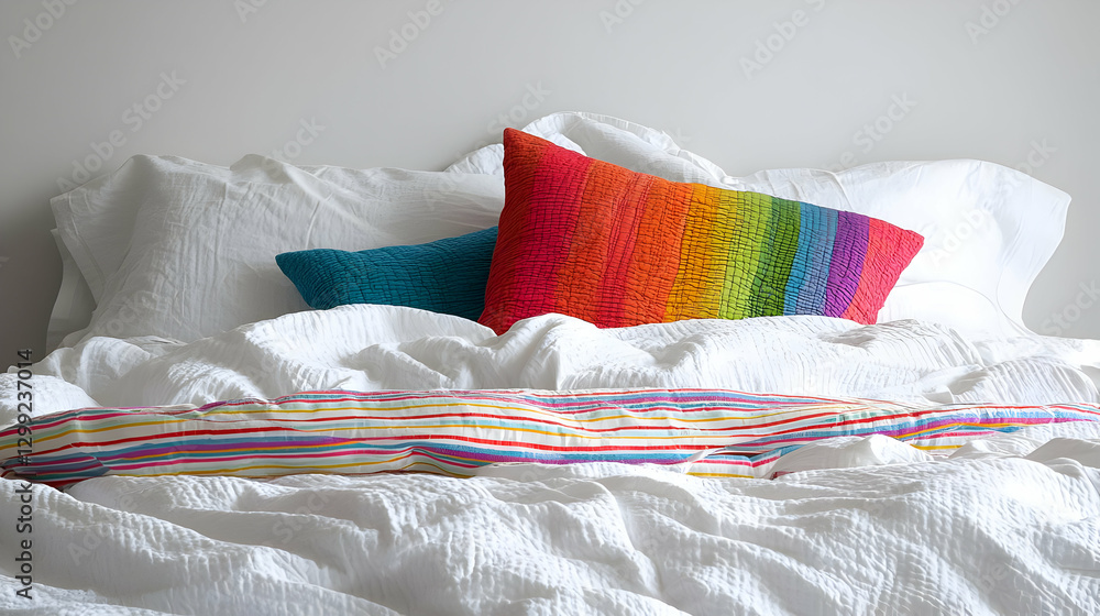 Poster Close Up Of Colorful Blocky Pillows On White Bedding With Soft Texture And Comfortable Sheets