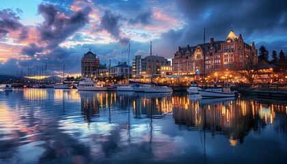 Naklejka premium Skyscrapers reflected in the lake at sunset. 3d rendering