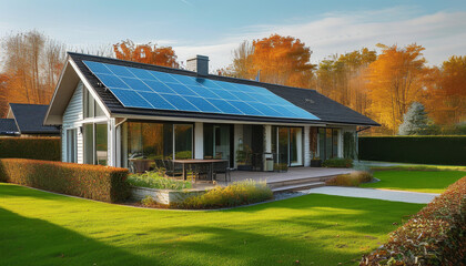 Obraz premium suburban house with solar panels in autumn, sun beams, wide shots of home gardens, lawns, yards, decks, hedges, trees, architect idea, concept, photovoltaic, pv plant system