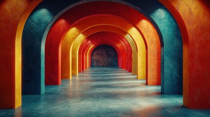 Colorful arched corridor with vibrant lighting in modern architectural design