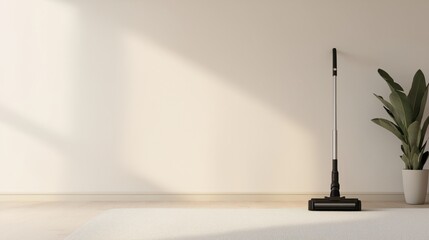 Minimalist room interior with vacuum cleaner and indoor plant