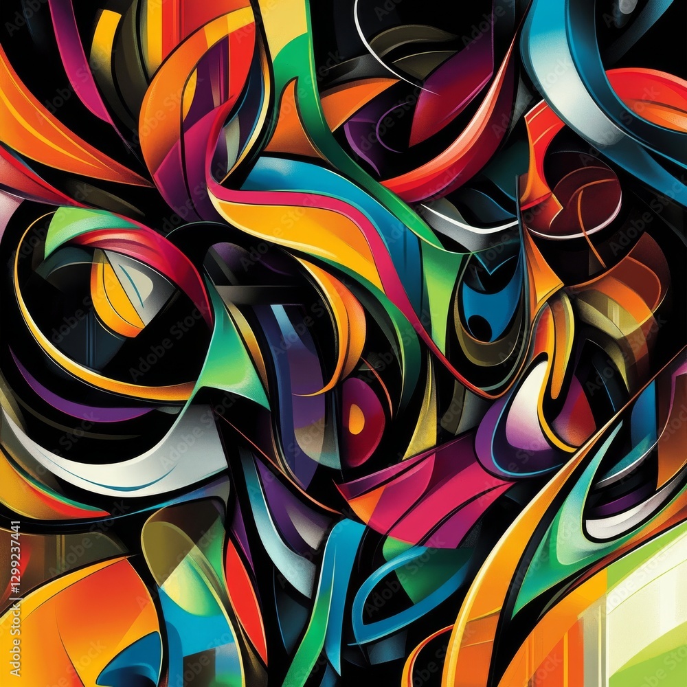 Aufkleber Vibrant Abstract Composition with Dynamic Curves and Bold Colors on a Dark Background, Modern Art