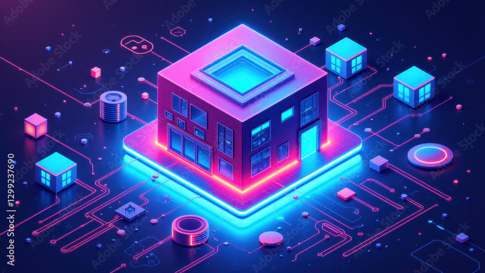 Poster a digital art illustration featuring a data center with abstract circuit board elements and vibrant 