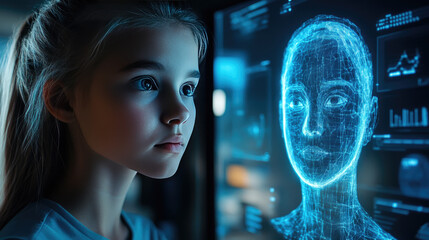 Woman in a futuristic office interacting with a humanoid hologram of a director, representing advanced digital communication and artificial intelligence