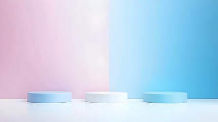Three Round Podiums Displaying Product on Pink and Blue Pastel Background