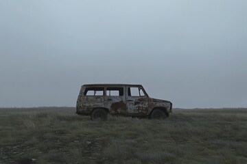 Fototapeta premium A rusted and abandoned vehicle sits in a grassy field