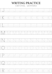 Capital Letters Tracing 2 J to R Template for Kids, Simple Vector Alphabet Writing Practice Sheet