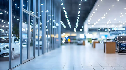 Fototapeta premium Blurred Interior View Of Car Showroom With Bright Lights And Glass Walls