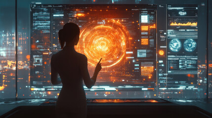 Businesswoman interacting with holographic screens displaying futuristic AI applications in a sleek, modern office setting