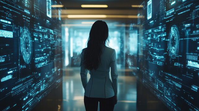 Businesswoman interacting with holographic screens displaying futuristic AI applications in a sleek, modern office setting