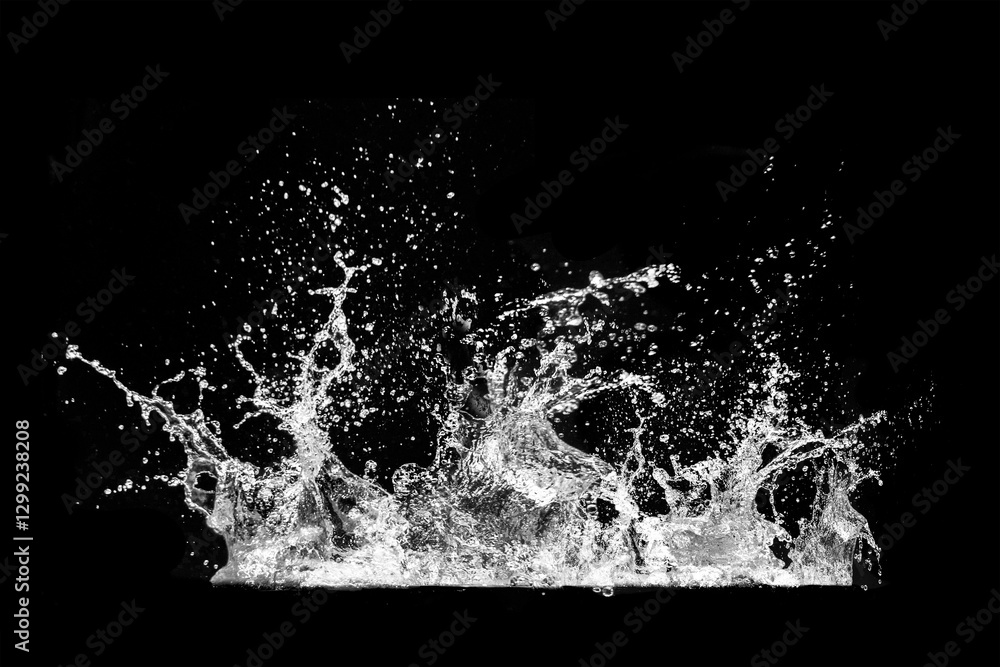 Poster dynamic splash of water droplets in motion against a black background capturing energy and fluidity 