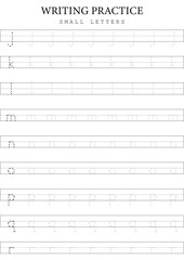Small Letters Tracing 2 j to r Template for Kids, Simple Vector Alphabet Writing Practice Sheet